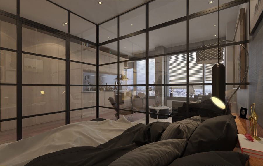 חדר שינה במסגרת זכוכית בבניין בלונדון